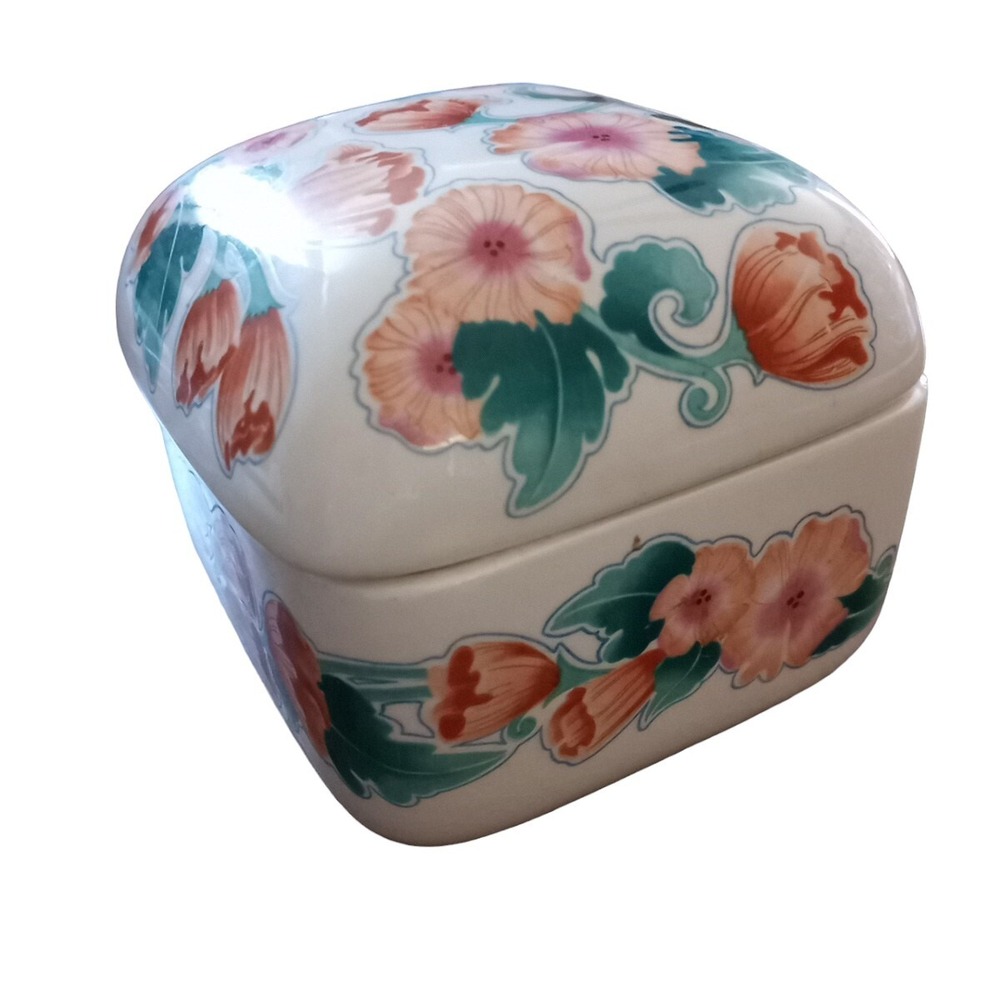 Floral Orange Green Trinket Box with Lid 4x3"x3" Vintage Ceramic Porcelain Japan